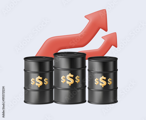 Rising oil price growth graph alongside a crude oil barrel 3D vector illustration. Represents energy market trends, fuel costs, inflation, and global petroleum investment analysis