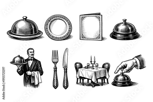 Vintage illustration of restaurant service elements including a waiter, table setting, and service bells