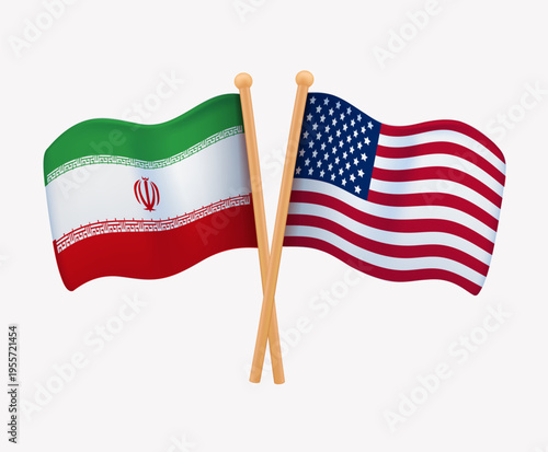 Iran and USA flags 3D vector illustration, symbolizing international diplomacy, negotiations, political dialogue, foreign relations, and formal agreements in a professional setting