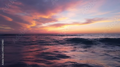 Serene Ocean Waves Reflecting a Breathtaking Sunset with Vibrant Pink and Orange Clouds, Peaceful