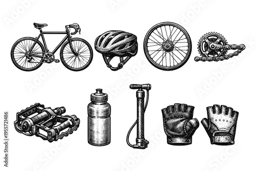 Collection of vintage bicycle parts and accessories in a detailed engraving style