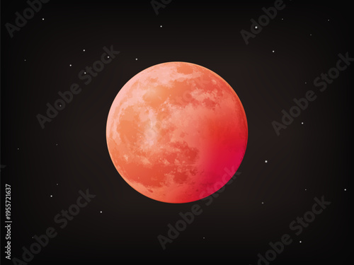 Blood Moon detailed 3D vector illustration with a deep reddish hue during a lunar eclipse. Sharp craters and surface textures visible against a dark night sky. Full red moon glowing at the night