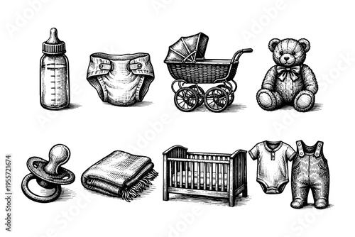 Vintage baby essentials illustration: a collection of classic infant items in a charming sketch style