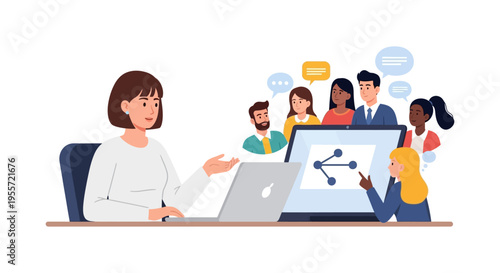 Online Video Conference Call. Business woman leading a remote team meeting, digital collaboration, networking, and virtual communication.