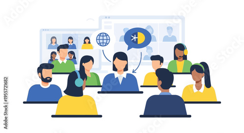 Global Online Video Conference and Interpretation Meeting. Diverse Team Collaboration, Virtual Seminar, and Remote Business Communication Illustration.