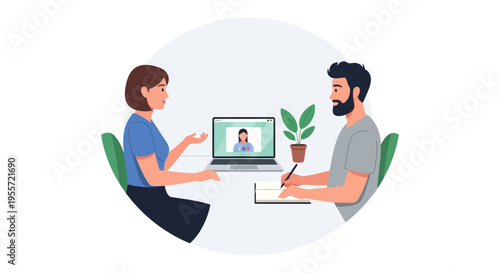Hybrid Business Meeting Illustration: Team Collaborating with Remote Worker via Video Conference on Laptop and Taking Notes
