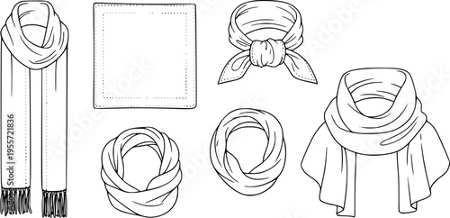 set of women's scarf flat sketch vector illustration cad mock up template
