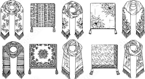 set of women's scarf flat sketch vector illustration cad mock up template
