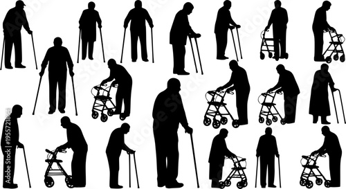 Group of elderly senior people with walking aids silhouette set large collection.
