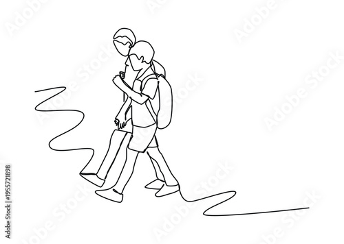 Continuous one line art of  elementary school students both boys and girls were running on the side of the road avoiding being late for school.