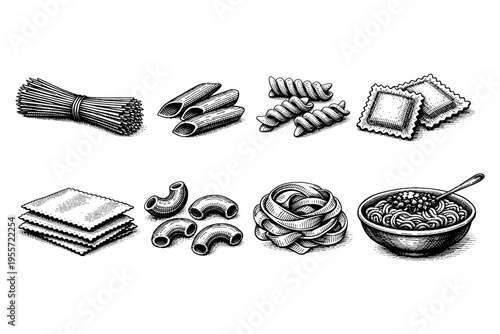 Collection of various Italian pasta shapes and a bowl of spaghetti in a vintage illustration style