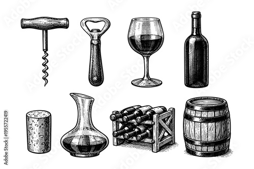 Collection of vintage wine accessories and elements in a hand-drawn sketch style