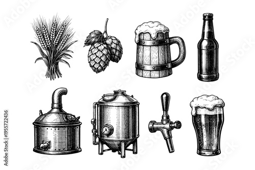 Vintage illustration of beer brewing ingredients and equipment, a collection of hand-drawn elements
