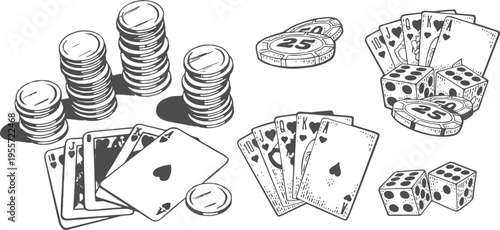 Monochrome Poker Night and Casino Gambling Icons Set with Cards, Chips and Dice in Vintage Style Vector Illustration