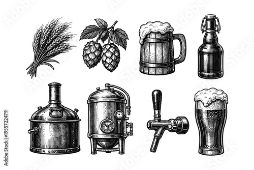 Vintage beer brewing ingredients and equipment illustration in black and white engraving style