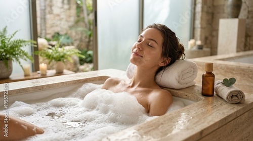 Serene Woman Relaxing in Travertine Bubble Bath with Amber Oil Mockup. Luxury Tropical Spa Wellness, Boutique Hotel Interior and Self Care Advertising.