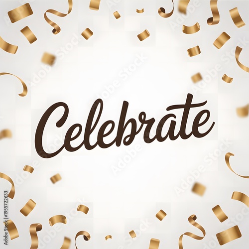 Celebrate Typography Design with Golden Confetti on White Background, Festive Greeting Card Style Illustration, Elegant Party Decoration Concept for Events, Holidays, Invitations and Joyful Occasions
