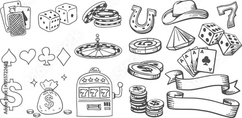Hand Drawn Casino Doodles Collection with Gambling Symbols and Sketch Style Elements Vector Set