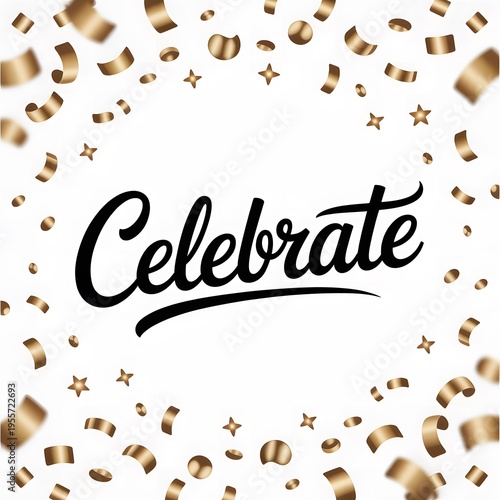 Celebrate Typography Design with Golden Confetti on White Background, Festive Greeting Card Style Illustration, Elegant Party Decoration Concept for Events, Holidays, Invitations and Joyful Occasions
