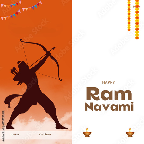 Lord Rama Ram Navami Illustration – Hindu Festival, Culture, Tradition, Spiritual, Bow and Arrow, Warrior, Celebration, Religious, Social Media Post, Banner Design, Template