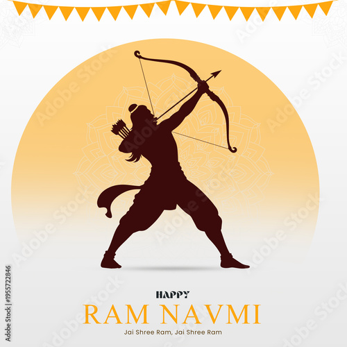 Lord Rama Ram Navami Illustration – Hindu Festival, Culture, Tradition, Spiritual, Bow and Arrow, Warrior, Celebration, Religious, Social Media Post, Banner Design, Template