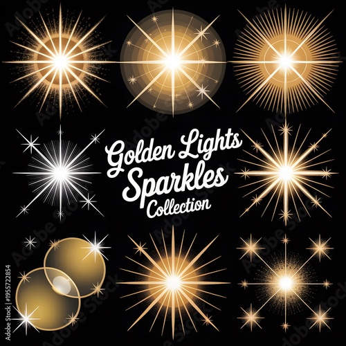 Golden Sparkles Light Effects Collection with Shiny Starbursts and Glitter Glow, Festive Luxury Background with Radiant Light Flares for Celebration, Party Design and Decorative Visual Elements
