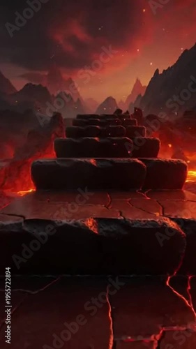 A desolate, fiery pathway leads to a mountain range under a dark, ominous sky with lava flows