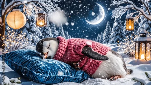 Cuddly penguin in pink sweater sleeps on blue pillow in snowy night scene.