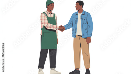 Two African American Men Shaking Hands Handshake Agreement Small Business Owner Worker and Customer Partnership Collaboration Flat Vector Illustration