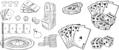 Black and White Casino Gambling Objects Collection with Poker Cards, Chips and Dice Vintage Style Vector Illustration