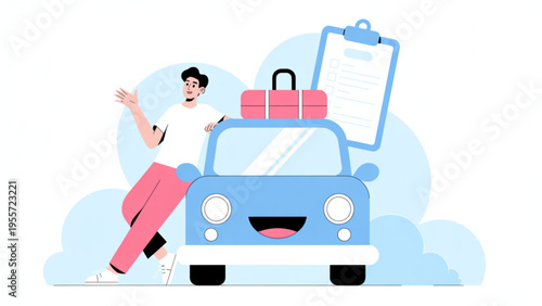 Young Man Standing Next to Blue Car Planning Road Trip Vacation with Suitcase and Travel Checklist Flat Vector Illustration