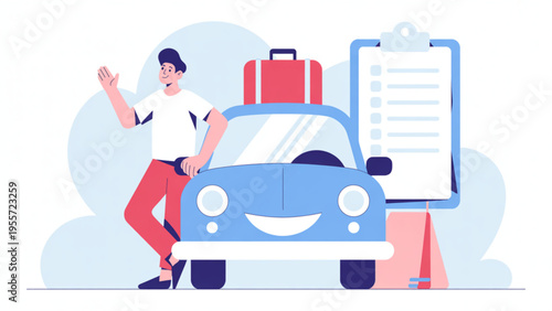 Young Man Standing Next to Blue Car Planning Road Trip Vacation with Suitcase and Travel Checklist Flat Vector Illustration