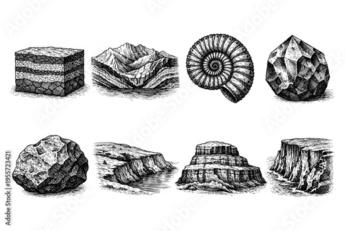 Vintage illustrations of geological formations, fossils, and rock samples