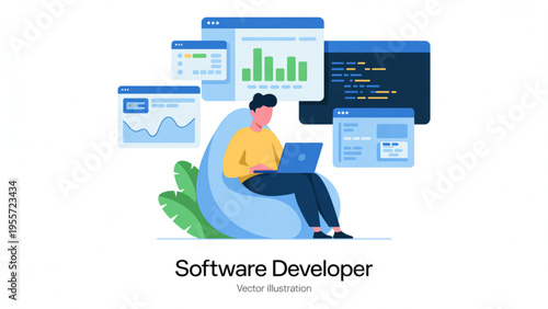 Young male software developer working on laptop in bean bag chair with coding and data windows vector illustration.