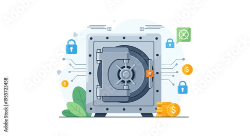 Secure Digital Vault Protection: Financial Banking Safety, Data Cyber Security, and Asset Management Illustration.