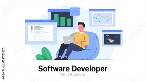 Young male software developer working on laptop in bean bag chair with coding and data windows vector illustration.