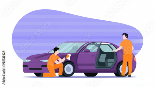 Professional workers in orange uniforms cleaning and detailing a purple luxury sedan car flat vector illustration.
