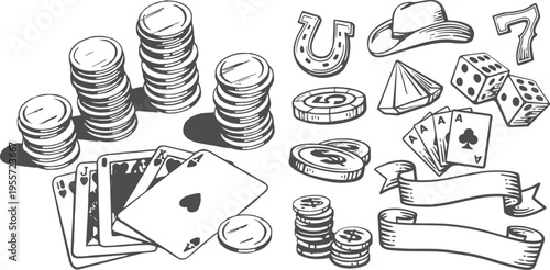 Vintage Casino and Poker Elements Set with Cards, Chips, Dice in Black and White Monochrome Vector Illustration
