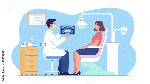Male dentist showing dental X-ray to female patient in clinic office for oral health consultation illustration.