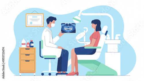 Male dentist showing dental X-ray to female patient in clinic office for oral health consultation illustration.