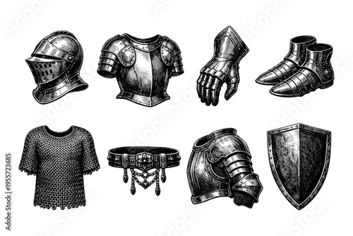 Collection of medieval knight armor pieces in vintage engraving style
