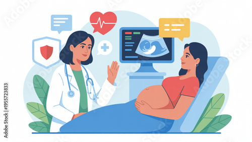 Pregnant Woman Having Ultrasound Checkup with Female Doctor in Hospital Clinic for Prenatal Care Healthcare and Maternity Concept Flat Vector Illustration