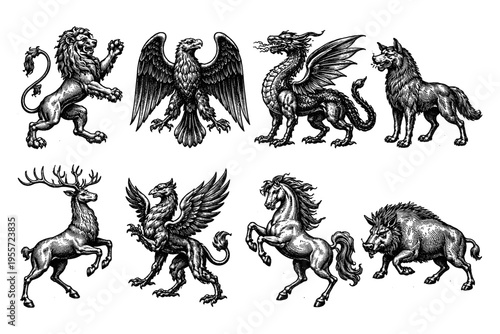 Collection of mythical and heraldic creatures in vintage engraving style