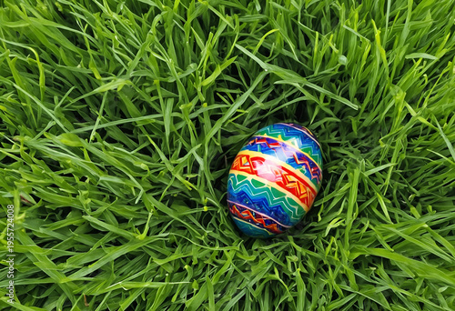 Easter decorated egg on meadow