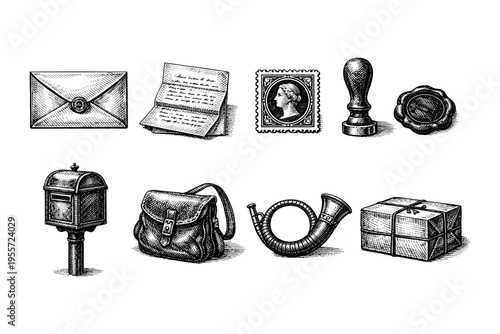 Vintage postal service icons and illustrations in a retro engraving style