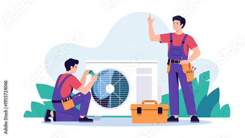 Professional HVAC technicians in overalls repairing outdoor air conditioning unit with tool box illustration.