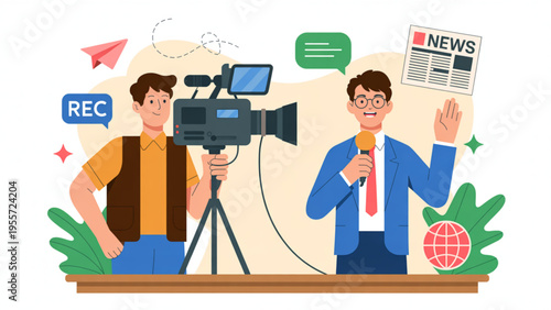 Professional News Reporter and Cameraman Filming Live Broadcast Journalism TV Crew Breaking News Media Production Flat Vector Illustration