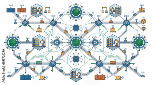 Industrial process flowchart with various icons.