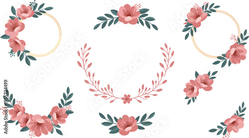 Collection of delicate floral wreaths and borders with pink roses and green leaves on white background