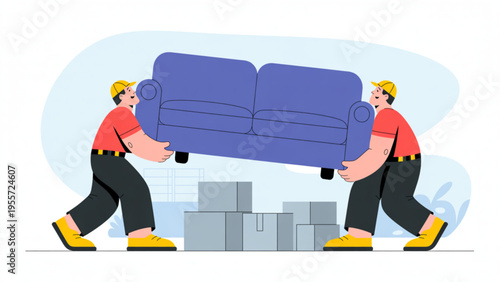 Professional movers in uniform carrying purple sofa with cardboard boxes for home relocation service flat vector illustration.